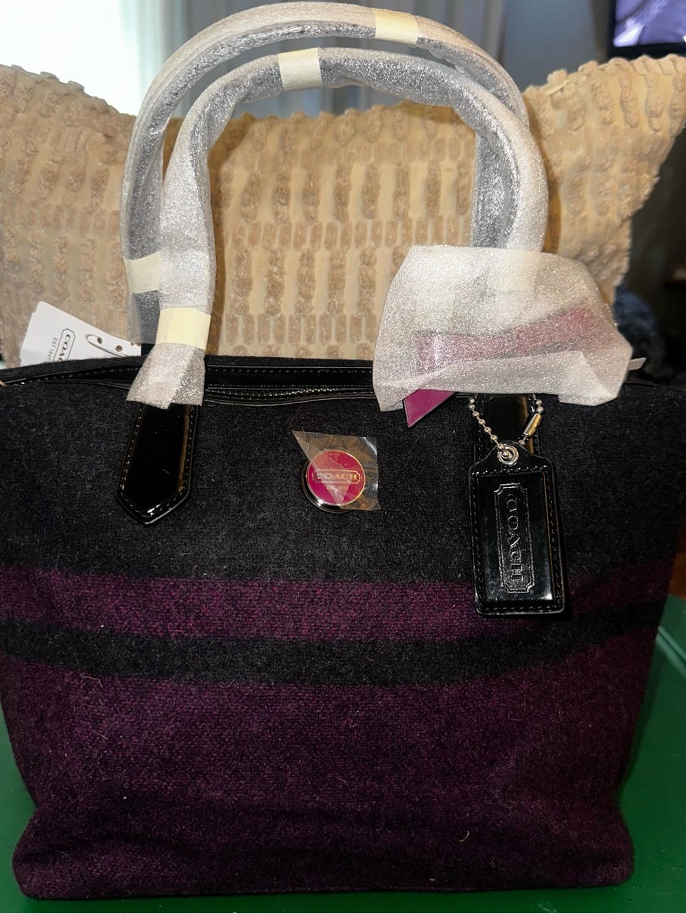 Coach Black and Deep Purple Striped Wool Tote